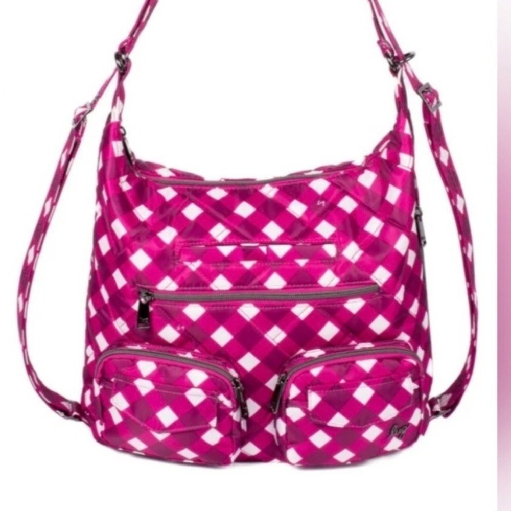 Lug Zipliner 2 Convertible Hobo Backpack Tote Berry Gingham Plaid EUC